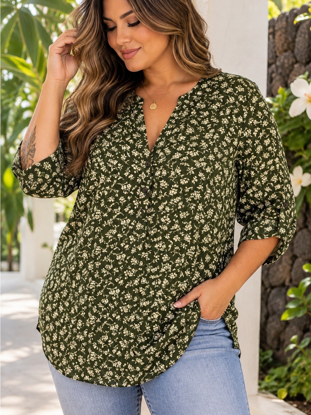 Torrid Harper Olive Green Floral Challis Pullover Blouse – Size 1 / 1X
